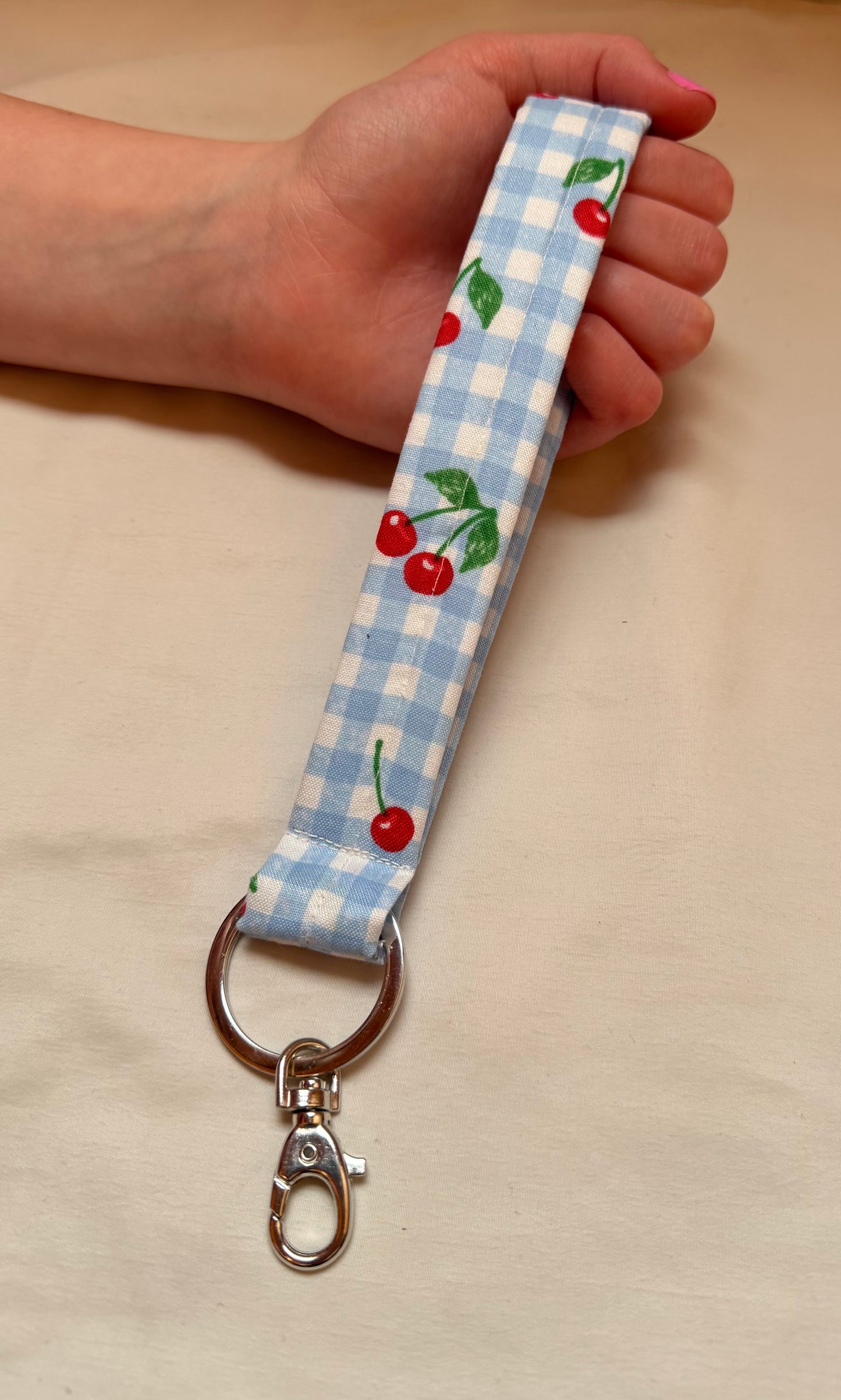 Handmade Gingham Cherry Wristlet